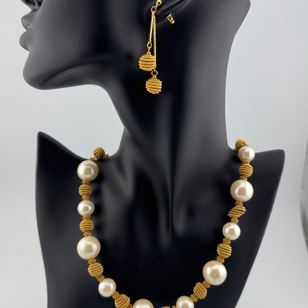 Vintage Anne Klein Gold Tone Faux Pearl Signed Statement Necklace Earring Set